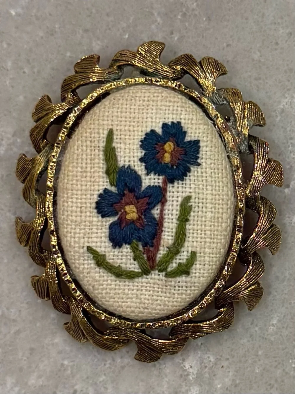 Vintage Embroidered Floral Brooch Pendant Gold Tone Blue Flowers Needlepoint